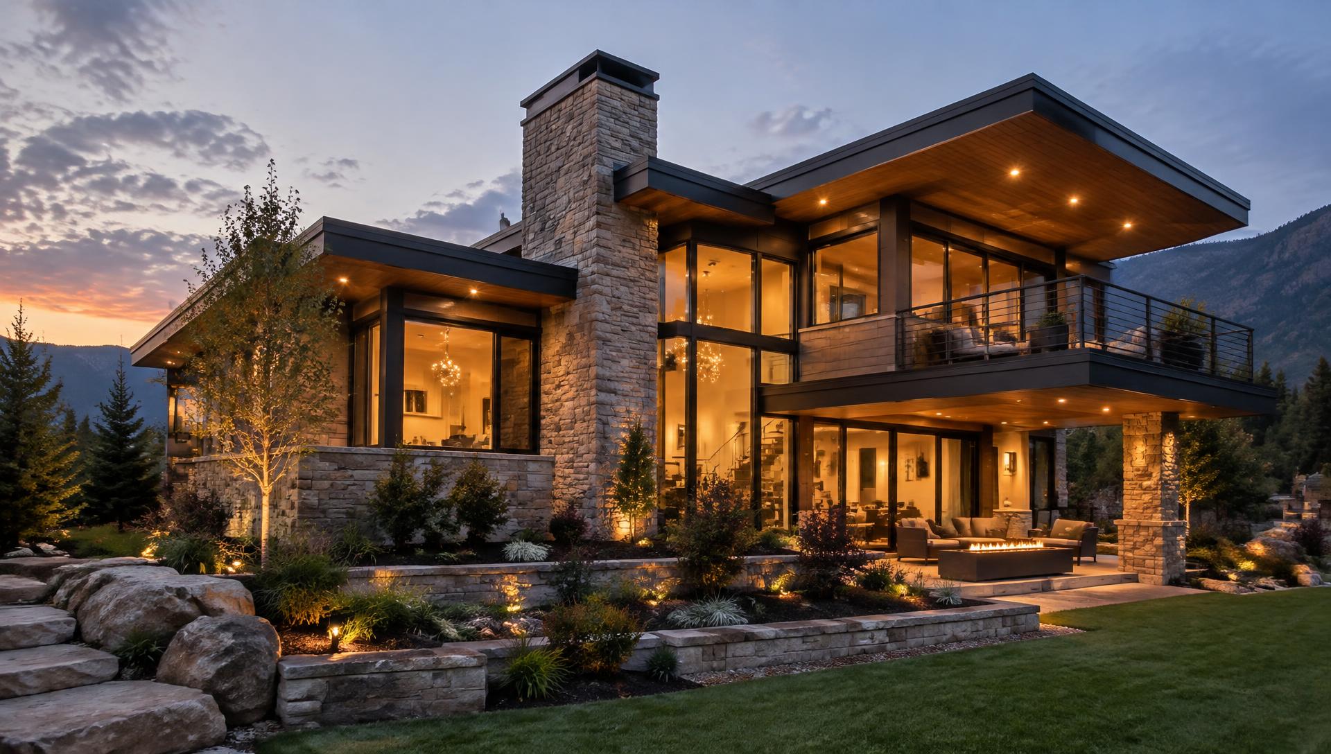 Custom stone and timber home at dusk